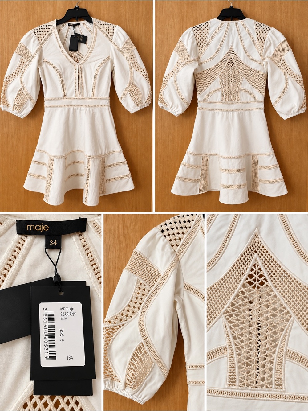 Maje Ecru and Beige Crochet-Trim Mini Dress